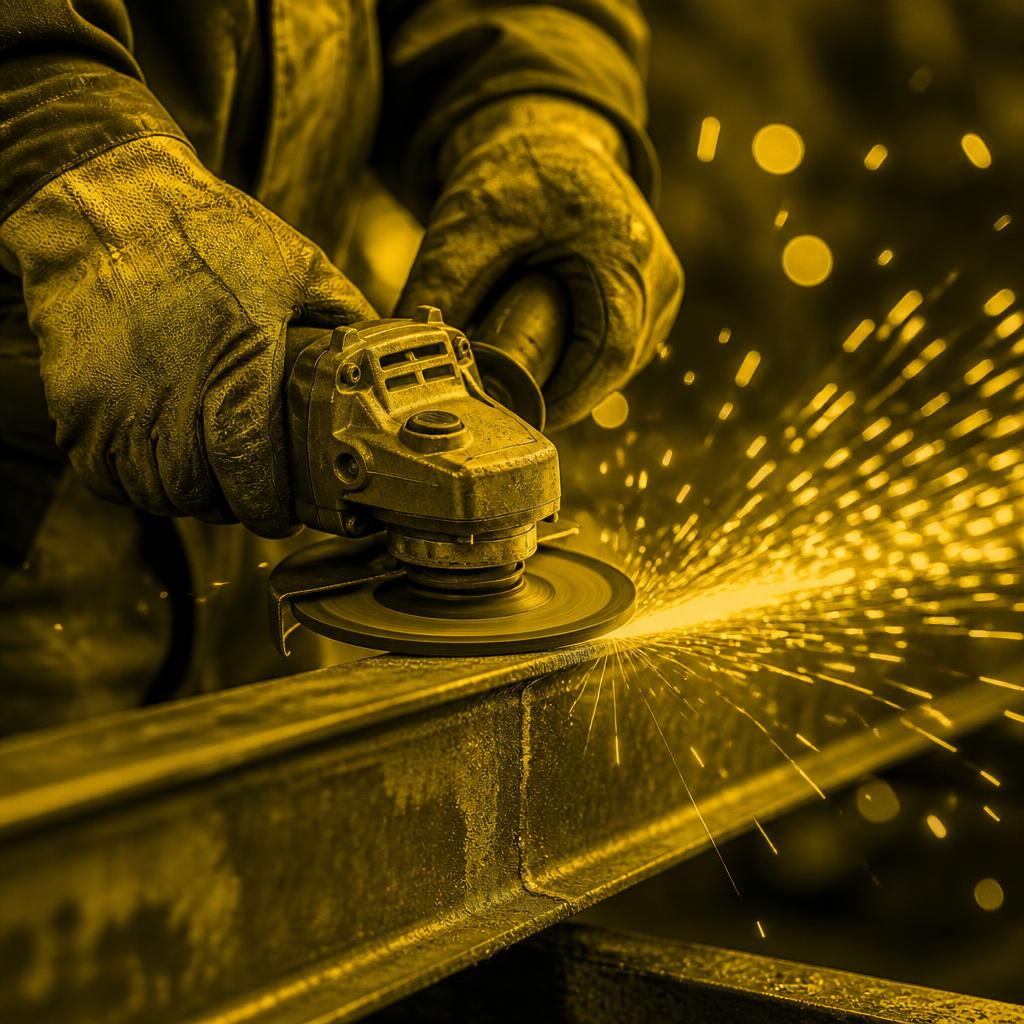 Construction worker grinding a steel beam with sparks flying