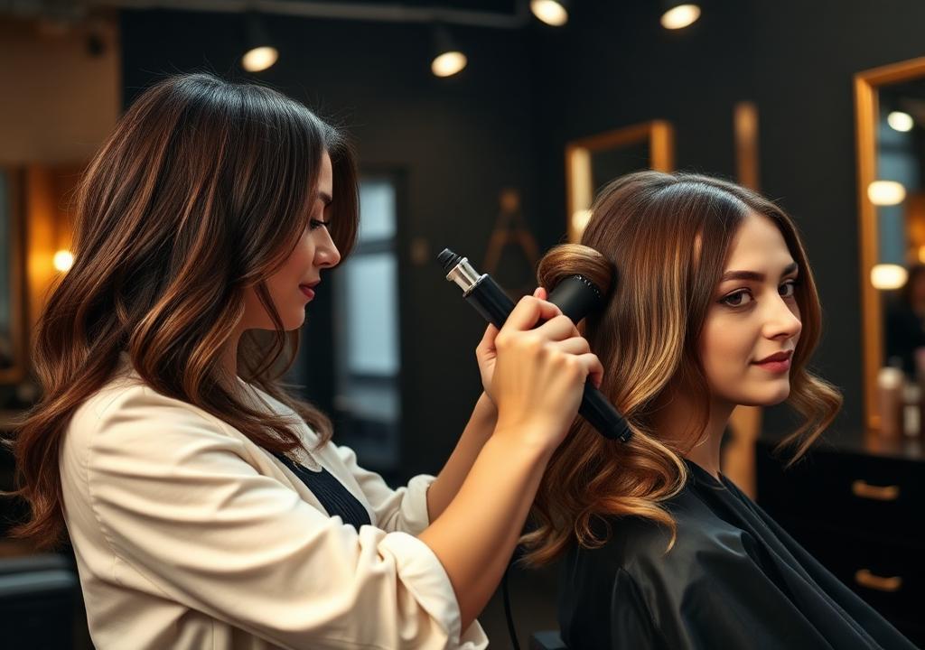 Hairdresser styling a client's hair with a curling iron in a Brisbane salon