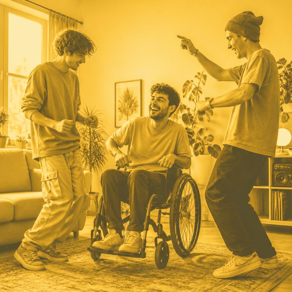 NDIS participant and support workers laughing together at home