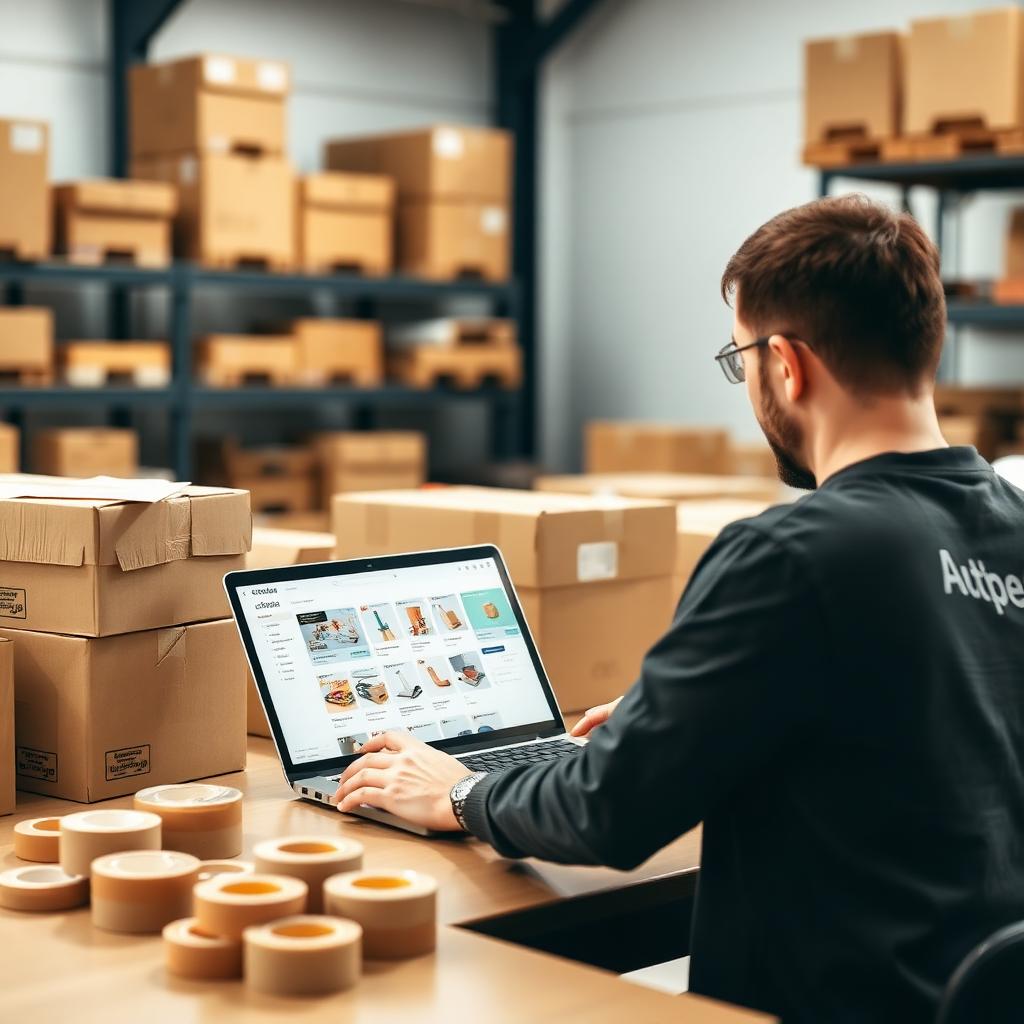 Ecommerce business owner packing online orders at a desk with a laptop showing an online store dashboard